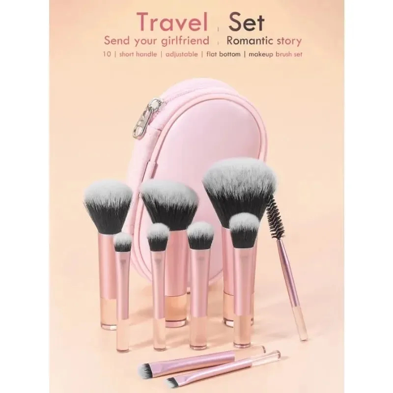 10pcs Pink Makeup Brush Set for Beginners Mini Portable Foundation Eyeshadow Brushes with Crystal Handle Includes Brush Pouch — image 4