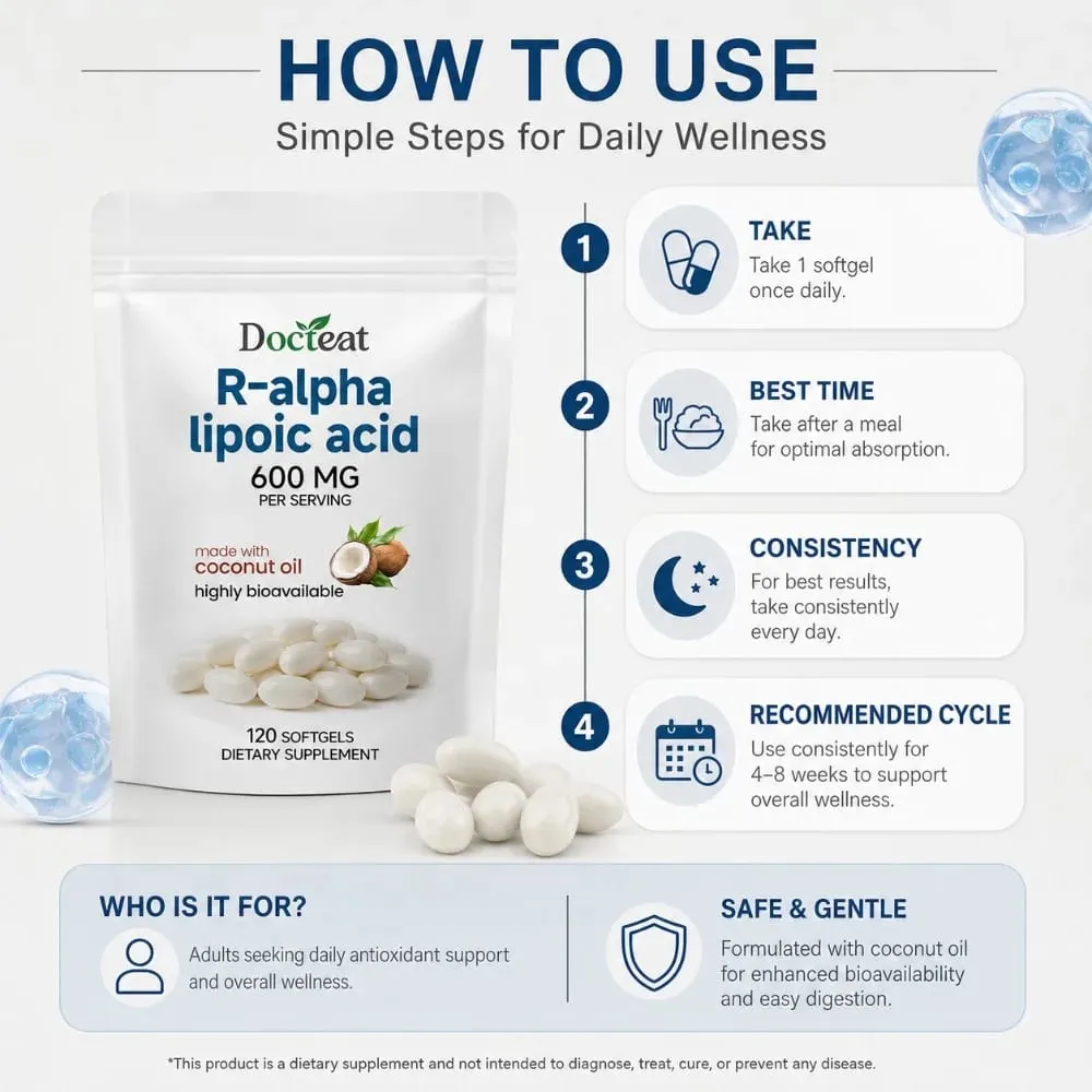 R-Alpha Lipoic Acid Softgels 600 mg Per Serving 120 Count Made with Coconut Oil Convenient Daily Wellness Nutritional Support — image 6