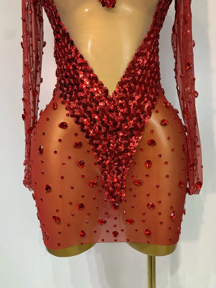 High Quality Rhinestone Sequin Sexy See Through Mesh Mini Dress Women Evening Party Nightclub Singer Stage PerformanceCostume — image 6