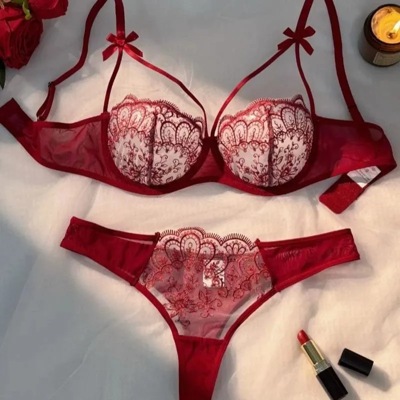 2-piece Women's Black Comfortable Lightweight Bow Womens Lace Embroidery Semi-Sheer Adjustable Strap Bra and Panty Set — image 6