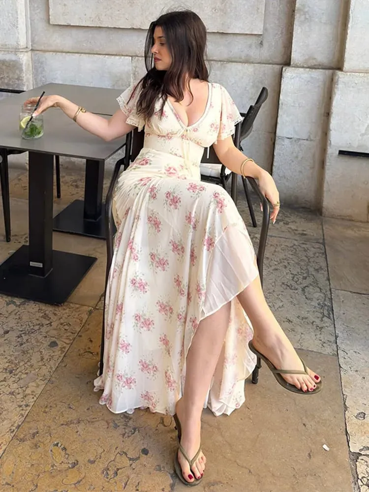 Fashion Women's Dress V-neck Short Sleeve Slim Female Print Floral Dresses 2026 Summer Sexy Elegant Holiday New Party Lady Robe — image 7