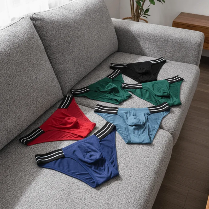Lingerie Men's Triangle Panties Mid Waist Breathable Men Thin Briefs Stripe Large Size Underwear for Men Four Seasons — image 2