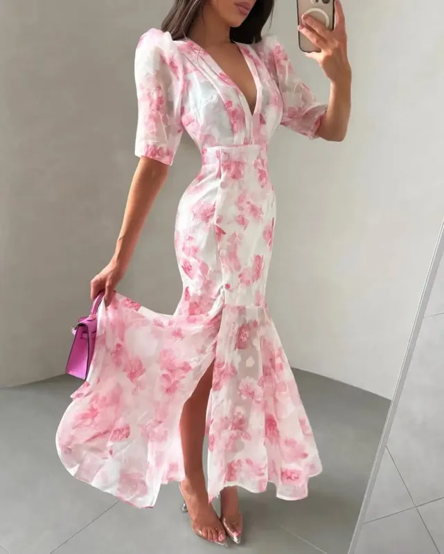 Women Printed V Neck Long Dress Flared Sleeve Lotus Leaf Edge High Waist Slim Fit Maxi Dresses Lady Elegant Evening Party Dress — image 12