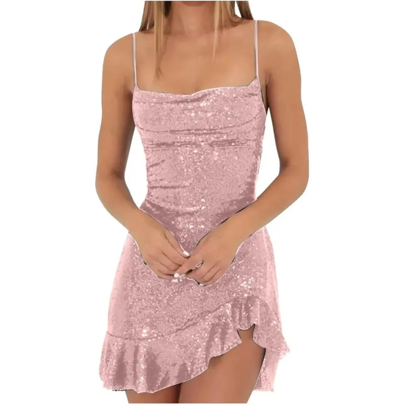 Sexy Sequin Women's Dresses Soild Color Backless Spaghetti Strap Sleeveless Club Party Dresses Ladies Irregular Ruffle Hem Dress — image 4