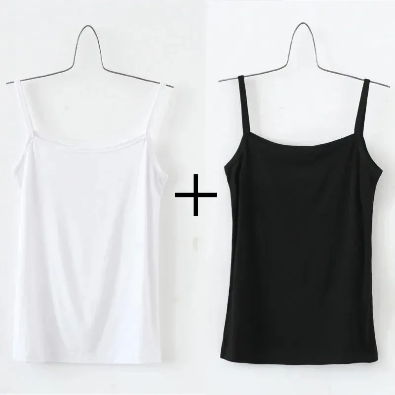 Women's Solid Color Spaghetti Straps Sleeveless Slim Camisole with Chest Pad Cotton Summer Wear Outside Female Short Tops Vests — image 14