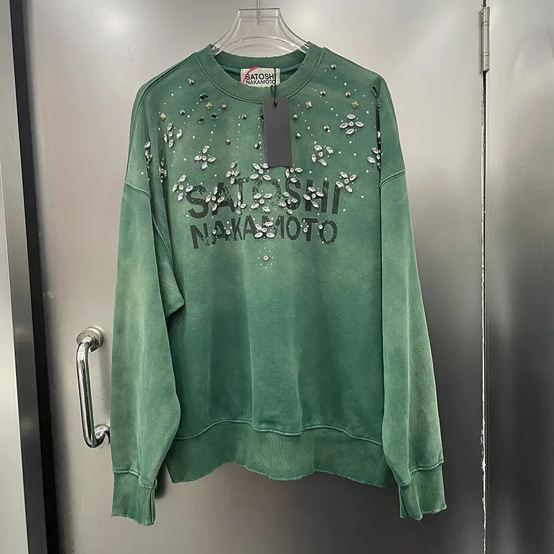 26FW Heavy Fabric Cotton Loose Rhinestone Rivet Satoshi Nakamoto Sweatshirts Men Women Vintage Charcoal Gray Green Pullovers — image 12