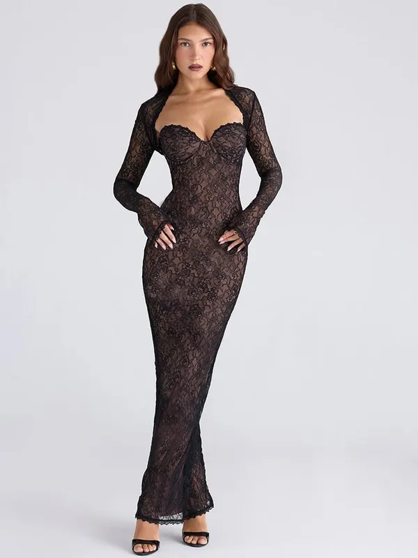 MO Autumn New Long Sleeve Stretch Lace Women Dress Black Low Chest Print Floral Skinny Elegant Party Evening Dress 2025 — image 1