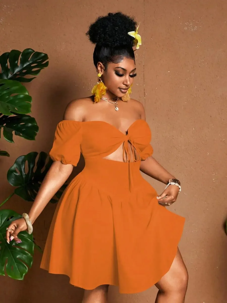 Plus Size Women One-Shoulder Waist-Tie Bubble Sleeve Dress Summer Vacation Style Casual Short Dress Plain Pattern — image 4