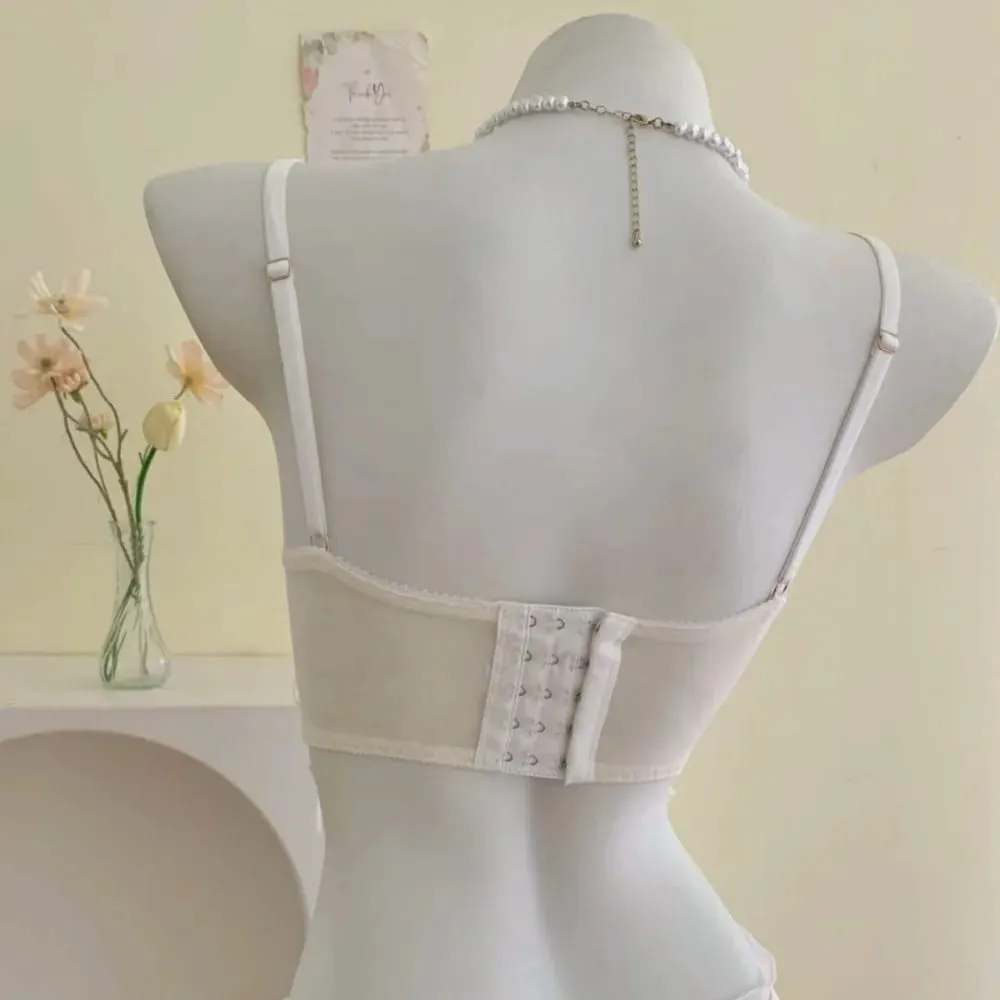 Doce plissado conjunto de sutiã de renda feminino pequeno busto push up malha cruz tiras puro suave diário lingerie macia 2 peças 32-38ab