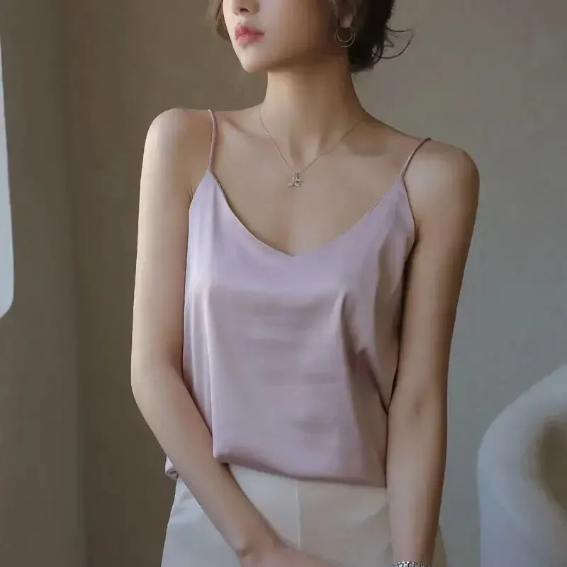 Women Halter V Neck Basic White Cami Spaghetti Strap Top Sleeveless Satin Silk 2026 Tank Tops Women'S Summer Camisole — image 18