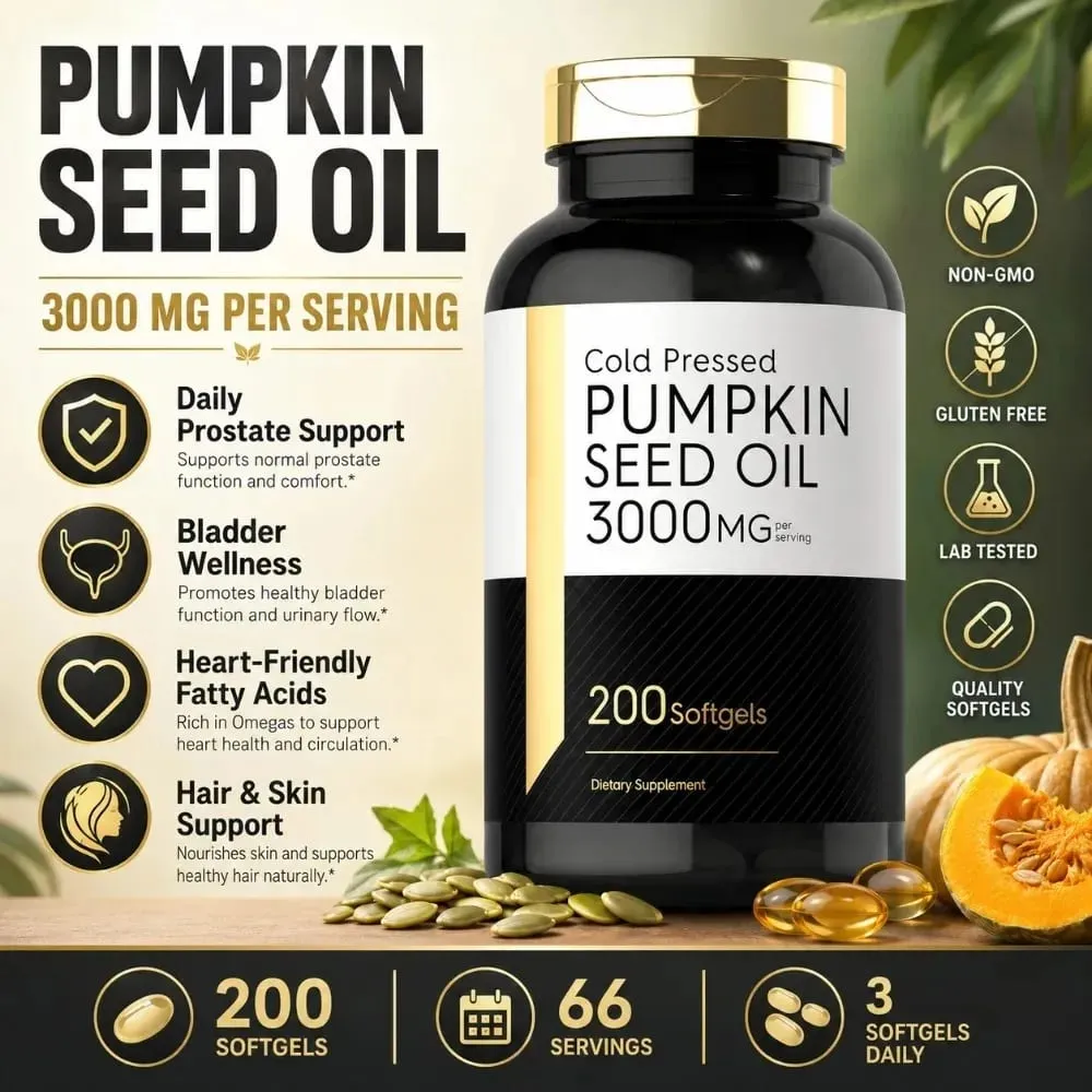Cold Pressed Pumpkin Seed Oil Softgels 3000mg Omega 6 & 9 Dietary Supplement for Men Women Wellness Quick Release 200 Count — image 1
