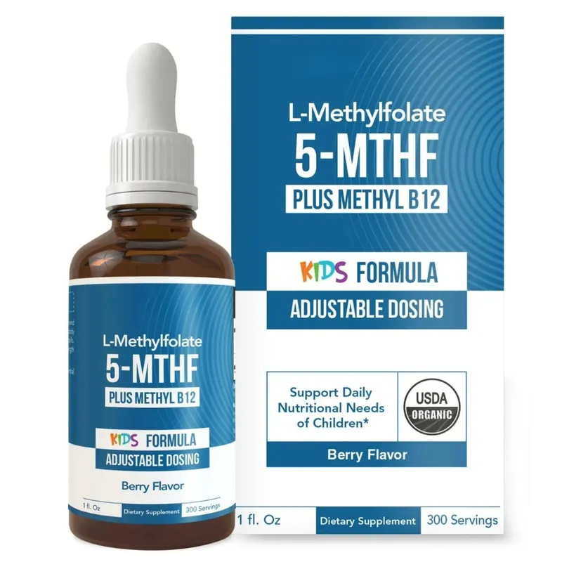 Kids L-Methylfolate 5-MTHF Liquid Drops with Methyl B12 Active Folate Support 1 Fl Oz USDA Organic Vegan Non-GMO