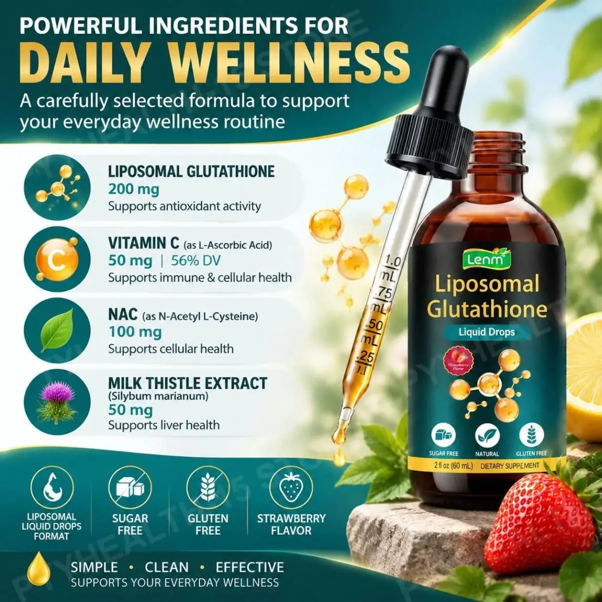 Lenm Liposomal Glutathione Liquid Drops for Antioxidant Cellular & Liver Support with NAC Vitamin C Strawberry Flavor 60 mL — image 5