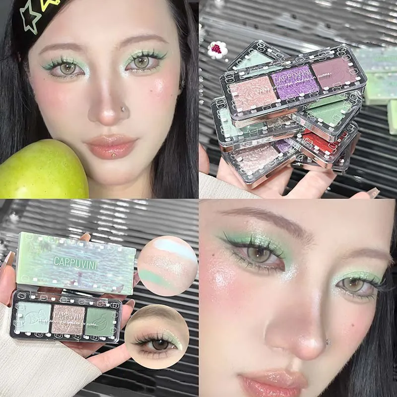 3-Color Glitter Eyeshadow Strip Palette Brightening Waterproof Gradient Mint-green Summer Lying Silkworm Eye Pigment Makeup — image 4
