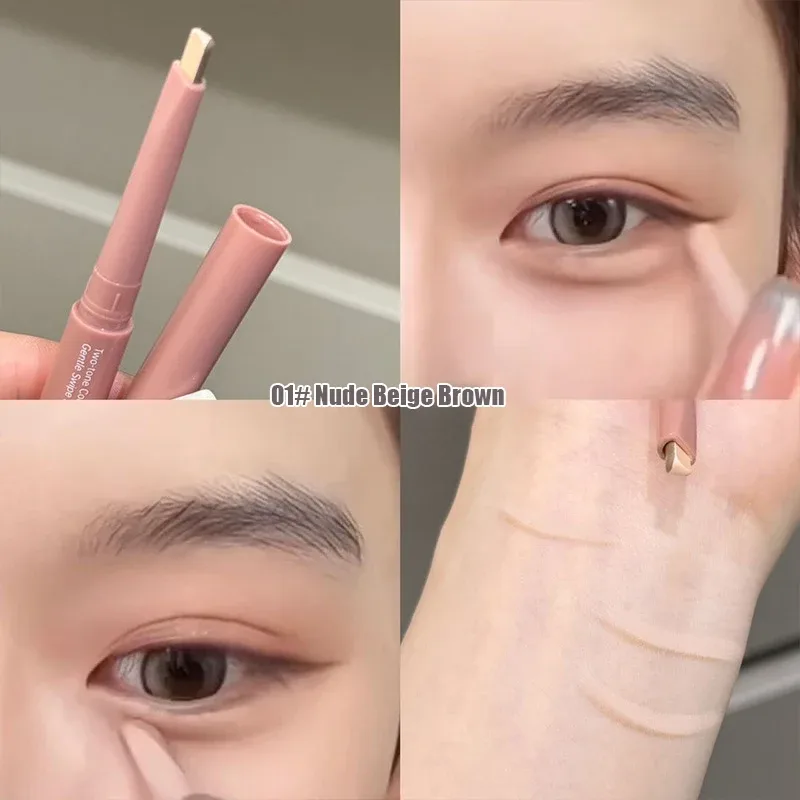 Bicolor Under Eyes Pen Double Ended Lying Silkworm Pencil Nude Lower Eyelid Contour Aegyo-sal Eyeliner Makeup with Detail Brush