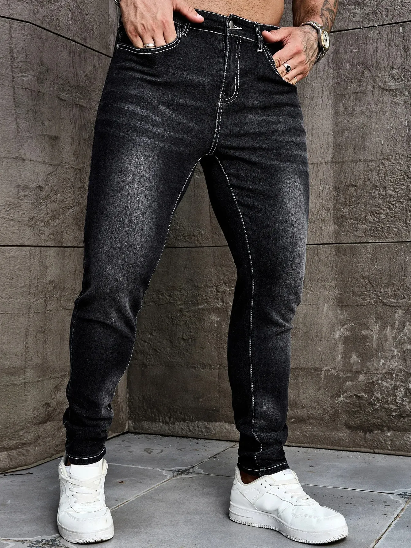 Men Jeans Denim Pants Clothing Trousers Men's Casual Black Washed Slim Fit Stretch Skinny Denim Pants — image 6