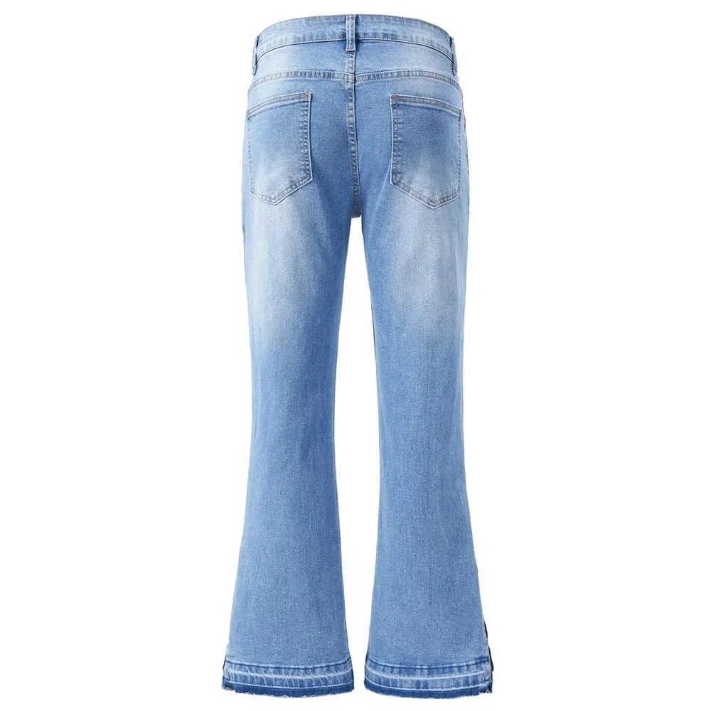Men's Boot Cut Denim Jeans Streetwear Bottom Zipper Released Hem Pants Pure Color Blue Black Cotton Spandex Trousers — image 3