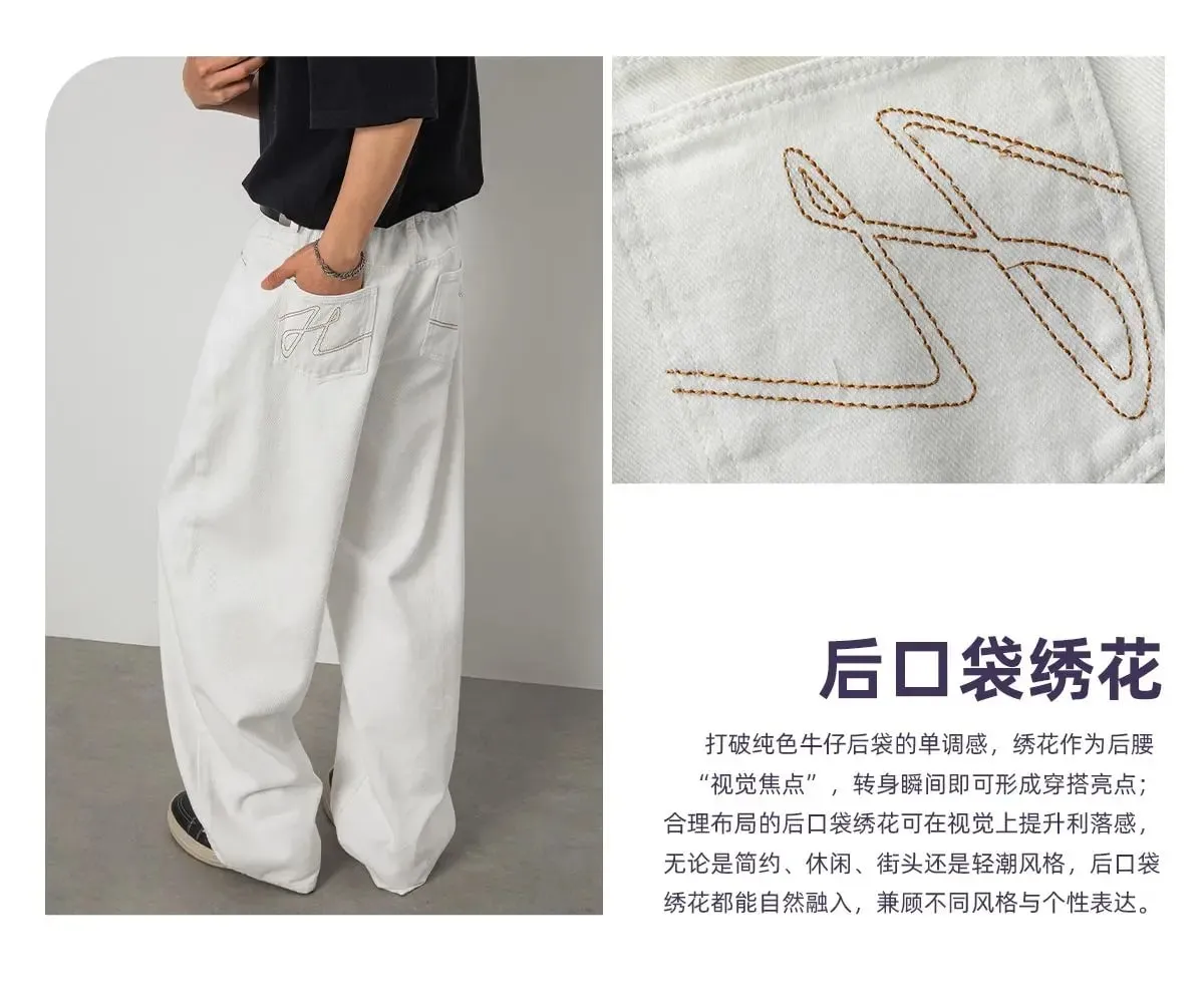 100% Cotton White Jeans Classic Embroidered Straight Loose Korean Retro High Street Y2K Casual Wide Leg Pants for Men and Women — image 8