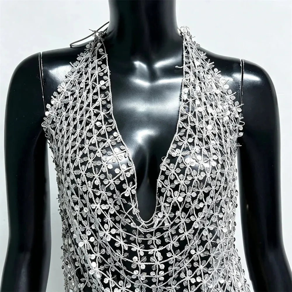 Women Shiny Acrylic Sequins Hollow Tank Top Sexy Deep V Neck Backless Halter Neck See Through Cover Up Camisole Beach Party Tops — image 6