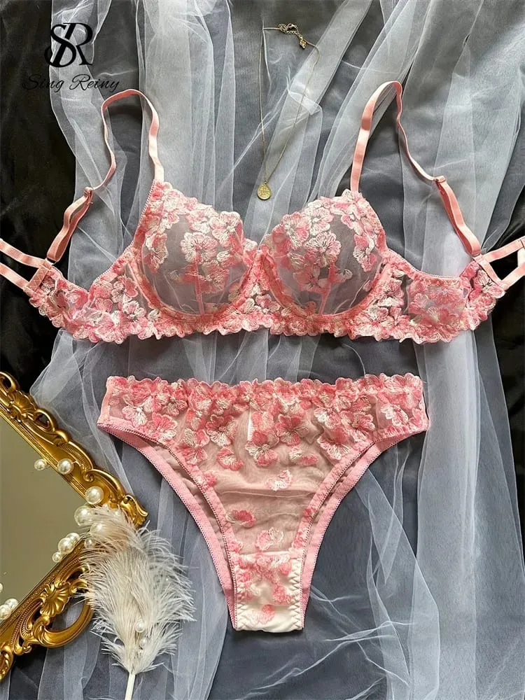 Mesh Sheer Lingerie Tweedelige Pakken Franse Bloemen Seusual Ondergoed Sets Vrouwen Borduren Sexy Bh & Slips Sets — image 2