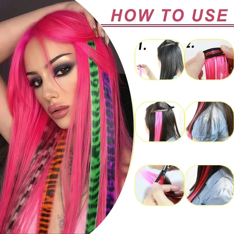 Rainbow Colored Feather Clip In Hair Extensions 18inch Synthetic Hair Piece Y2K Fashion For Women Girls Cosplay Party Halloween — image 6