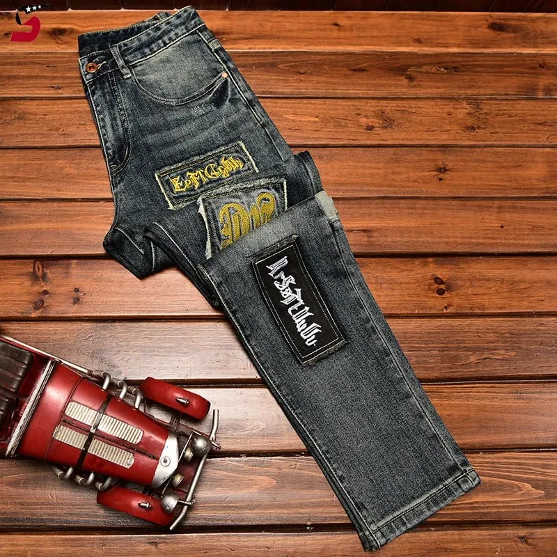 High-End Jeans Men's Autumn and Winter Fashion Ripped Patch Pu Shuai Embroidered Printed Slim Fit Skinny Stretch Pants — image 2