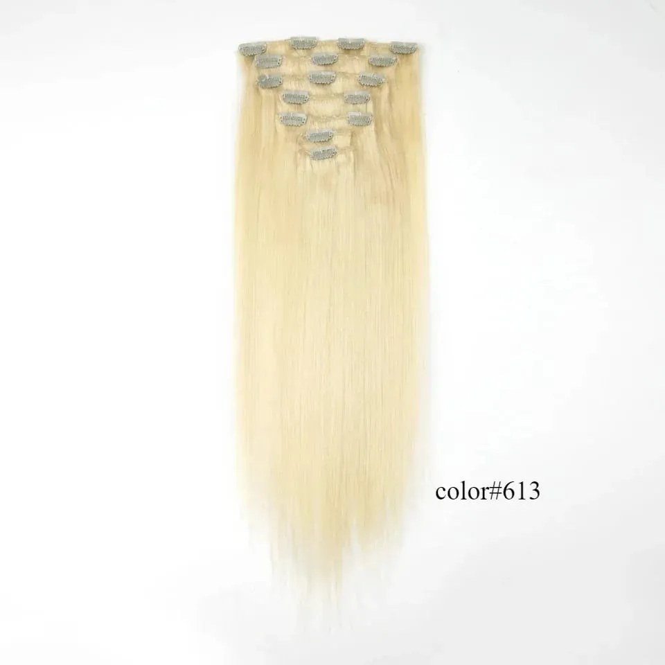 7PCS Double Weft Balayage Clip in Human Hair Extensions Light Brown to Bleach Blonde Ombre Remy Natural Straight Seamless for Wo