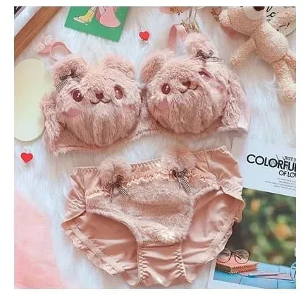 Cute Cat Paw Plush Lingerie Set for Women Warm Winter Bra & Panty with Ears Comfortable Kawaii Underwear — image 23