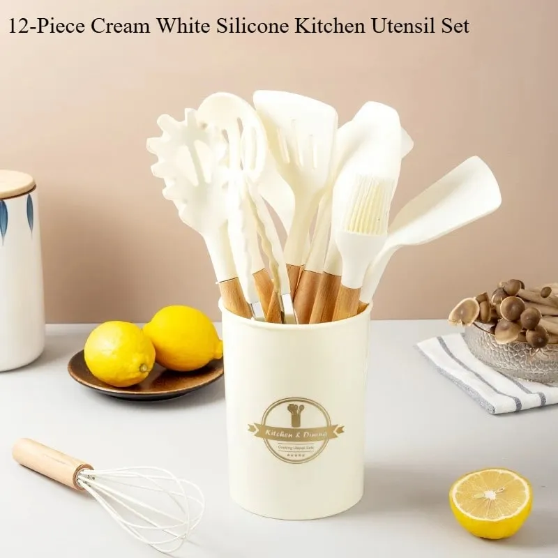 2/12Pcs White Silicone Kitchen Utensils Set with Wooden Handle Cookware Spatula Heat Resistant Non-stick Kitchen Cooking Tools — image 2