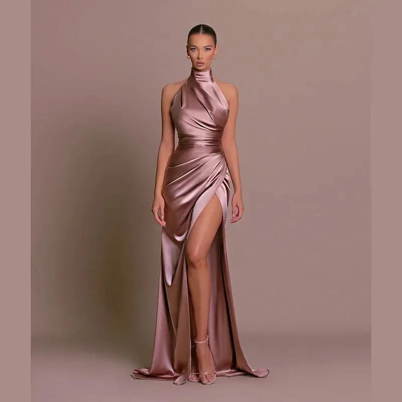 2026 Retro Style Satin Halter Maxi Dress Elegant Waist Slimming High Slit Party Formal Events Solid Color Minimalism Long Skirt — image 2