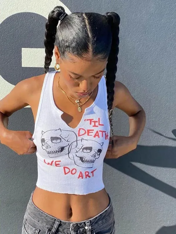 Quadratischer Kragen, trendiger Briefdruck mit Dornschnallen, Tanktops für Damen, mit Totenkopf-Motiv, lässig, dehnbar, ärmelloses Crop-Top — image 2