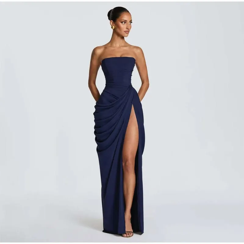 Elegant Yellow Strapless Pleated Dress Women Chic Sleeveless Waist Cinching Split Maxi Gowns 2026 Lady Evening Party Dresses — image 8