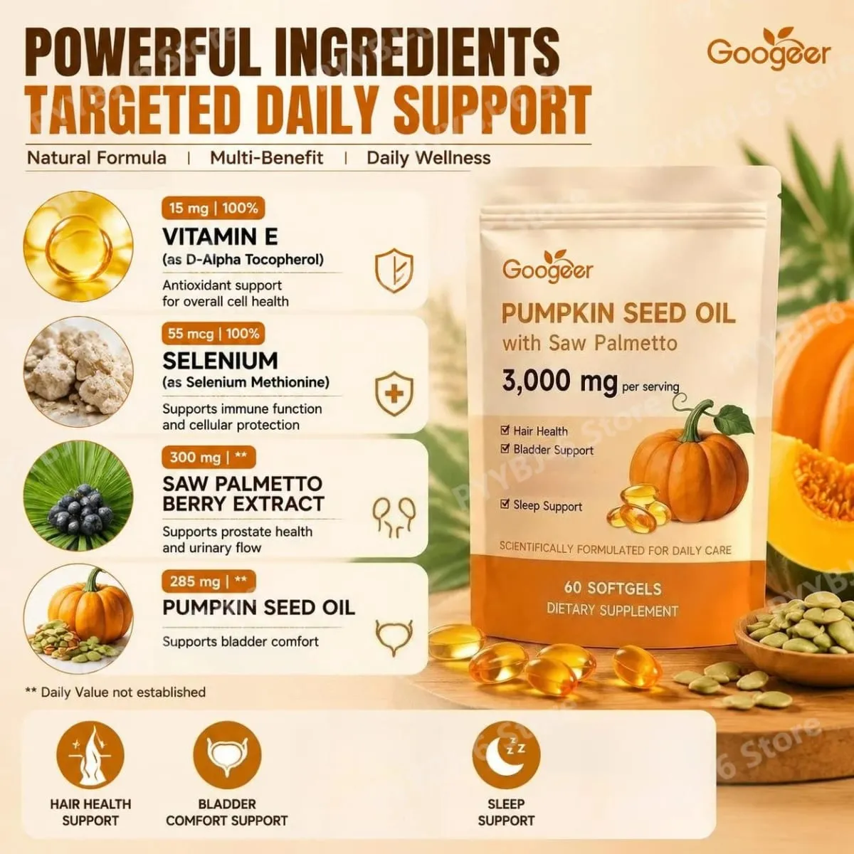 Googeer Pumpkin Seed Oil Softgels with Saw Palmetto 3000mg Hair Health Bladder Comfort Sleep Support Supplement 60 Softgels — image 4