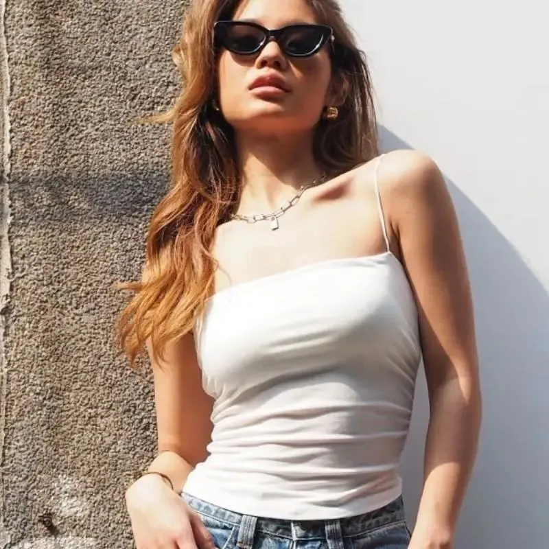 Summer Korean Women Spaghetti Strap Crop Top With Bra Bodycon Sleeveless Cami Tube Top Basic Camisoles Y2K Sexy Tank Tops — image 4