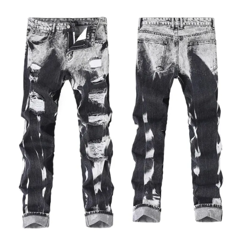 New Patchwork Ripped Jeans Men's Slim Fit Moto Biker Fashion Denim Trousers Vintage High Street Black Casual Pants Street Wear — image 2