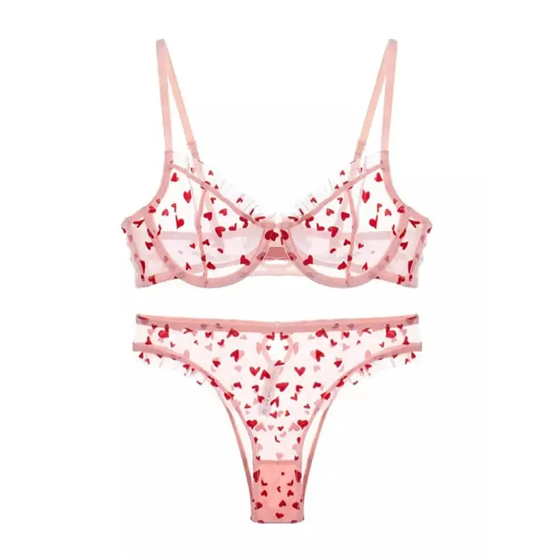 Women Heart Pattern Lace Underwire Bra Set Light Mesh Support Daily Intimates Lingerie Underwear Size 32‑38AB Women — image 12