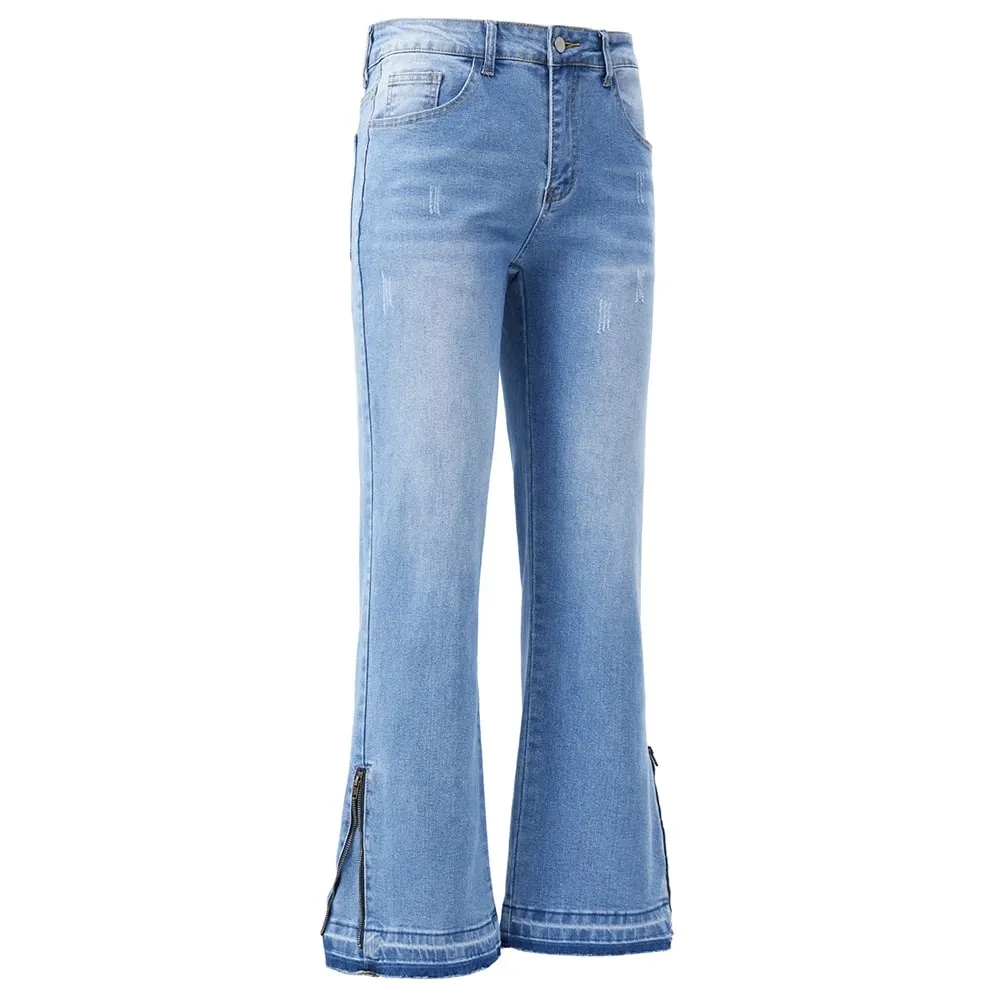 Men's Boot Cut Denim Jeans Streetwear Bottom Zipper Released Hem Pants Pure Color Blue Black Cotton Spandex Trousers — image 4
