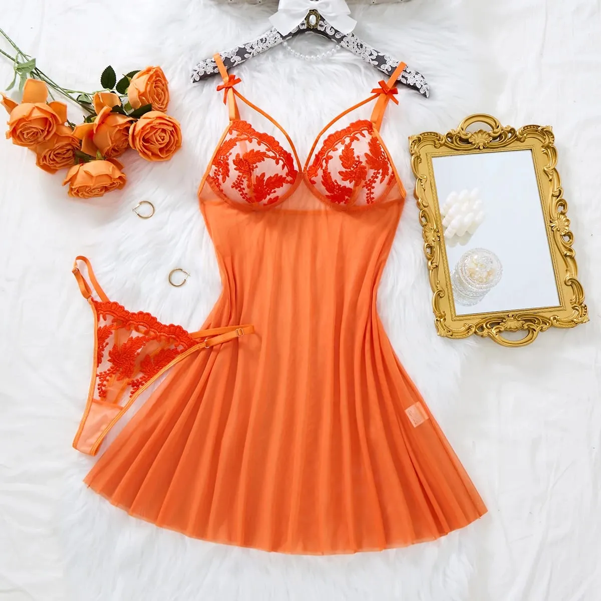 Women Orange Floral Embroidery Babydoll Nightgown Bow Strap Sheer Mesh Sleep Dress With Matching Thong Lingerie Set ZA825066