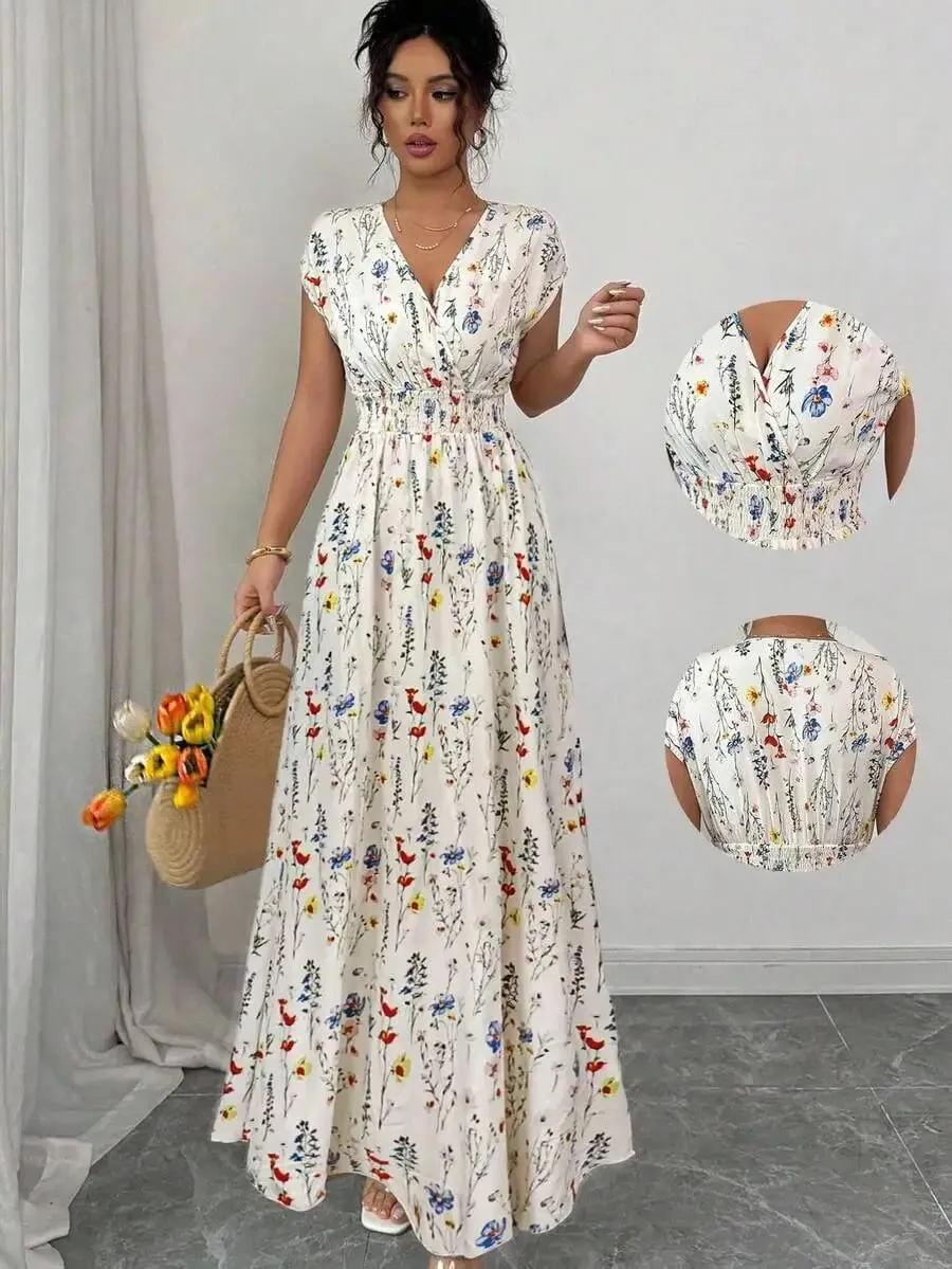 Women's Ditsy Floral V-Neck Sleeveless Waisted Maxi Dress — image 1