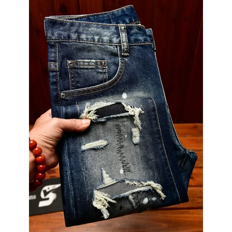 High end nostalgic jeans for men slim fit with small holes patches scraped inkjet street trend elastic retro denim pants