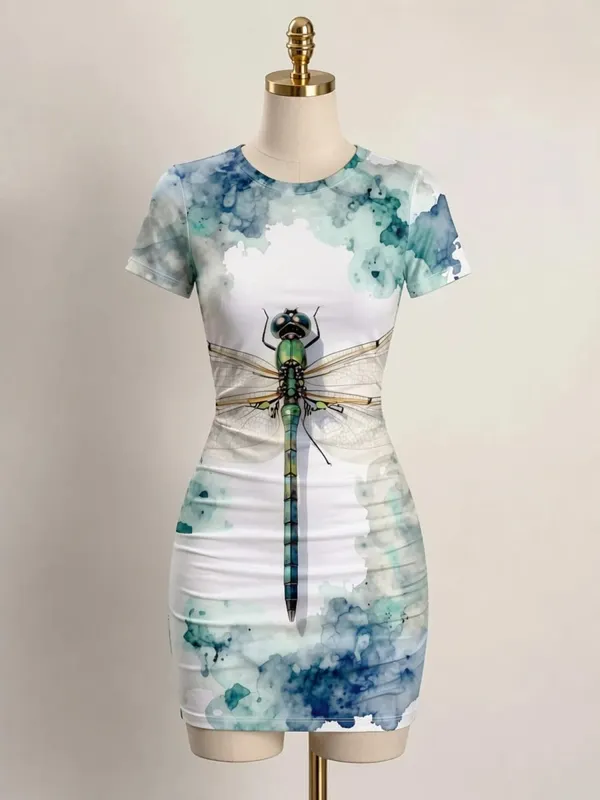 Womens Short Sleeve Bodycon Mini Dress Slim Fit Crew Neck Floral Print Casual Summer Party Cute Comfy Vacation Vacation Sundress — image 15
