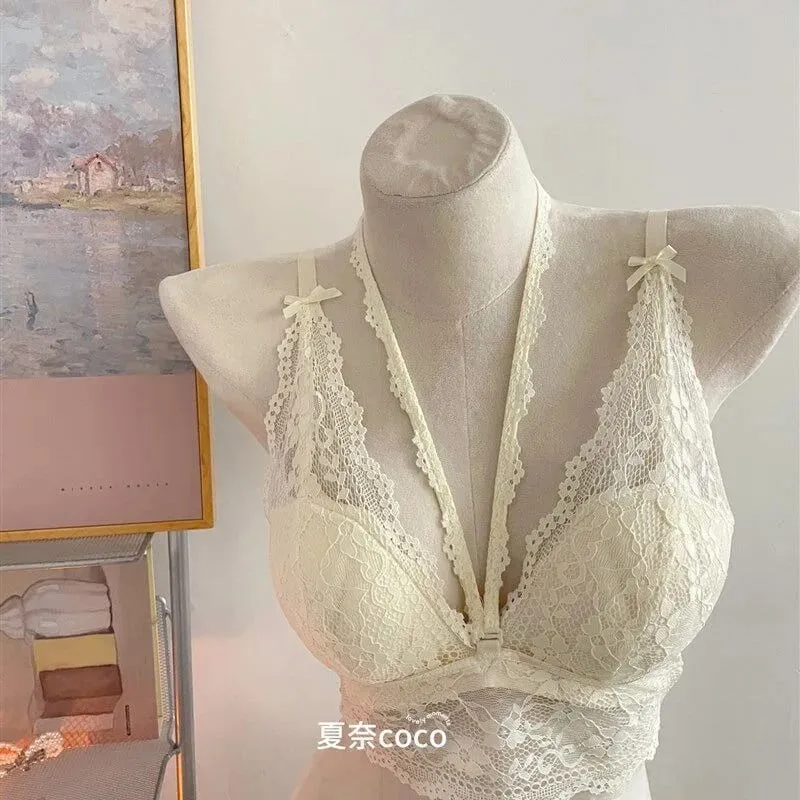 French Lace Wide Strap Thick Top Inner Lace Layer No Underwire Bra Set Petite Women Small Bust Comfort Lingerie Set 32-38 S-XL — image 2