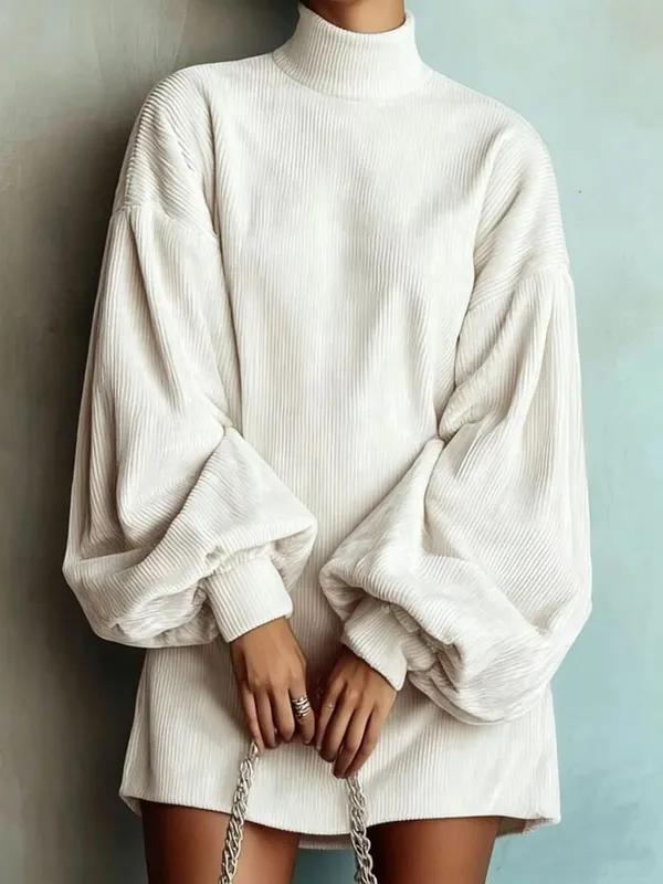 Women Corduroy Turtleneck Mini Dress Oversized Elegant Loose Lantern Sleeve Casual Dresses Autumn Winter Streetwear Short Dress