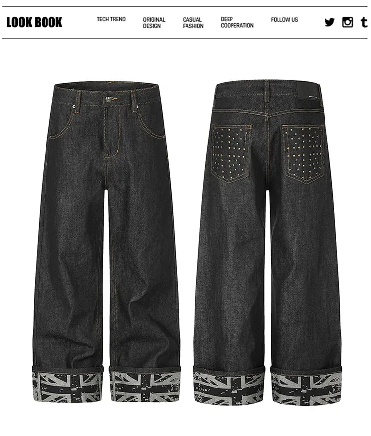 Men Raw Denim Wide‑Leg Jeans Rivet Decor Back Pockets Cuffed Hem Print Punk Streetwear Straight Long Pants 9X4317 — image 6