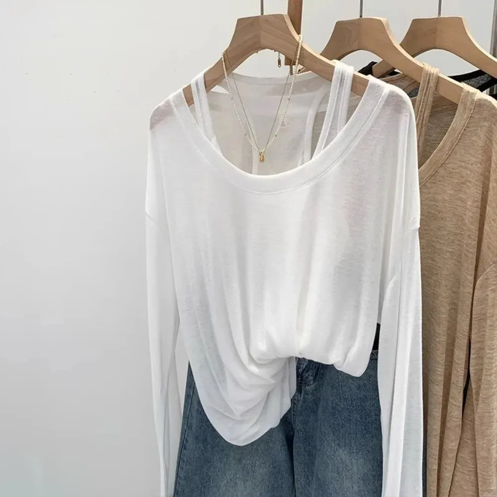 New Loose Fit Long Sleeve Tops Set Casual Sun Protective Two Piece Set Thin Sun Protection Cover Up Women — image 2