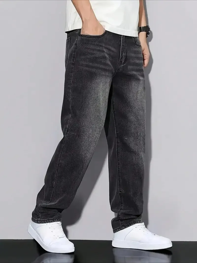 Men's Black Washed Loose-Fit Jeans Straight-Leg Casual Streetwear Trousers for Daily Wear Comfortable Denim-Like Pants — image 5