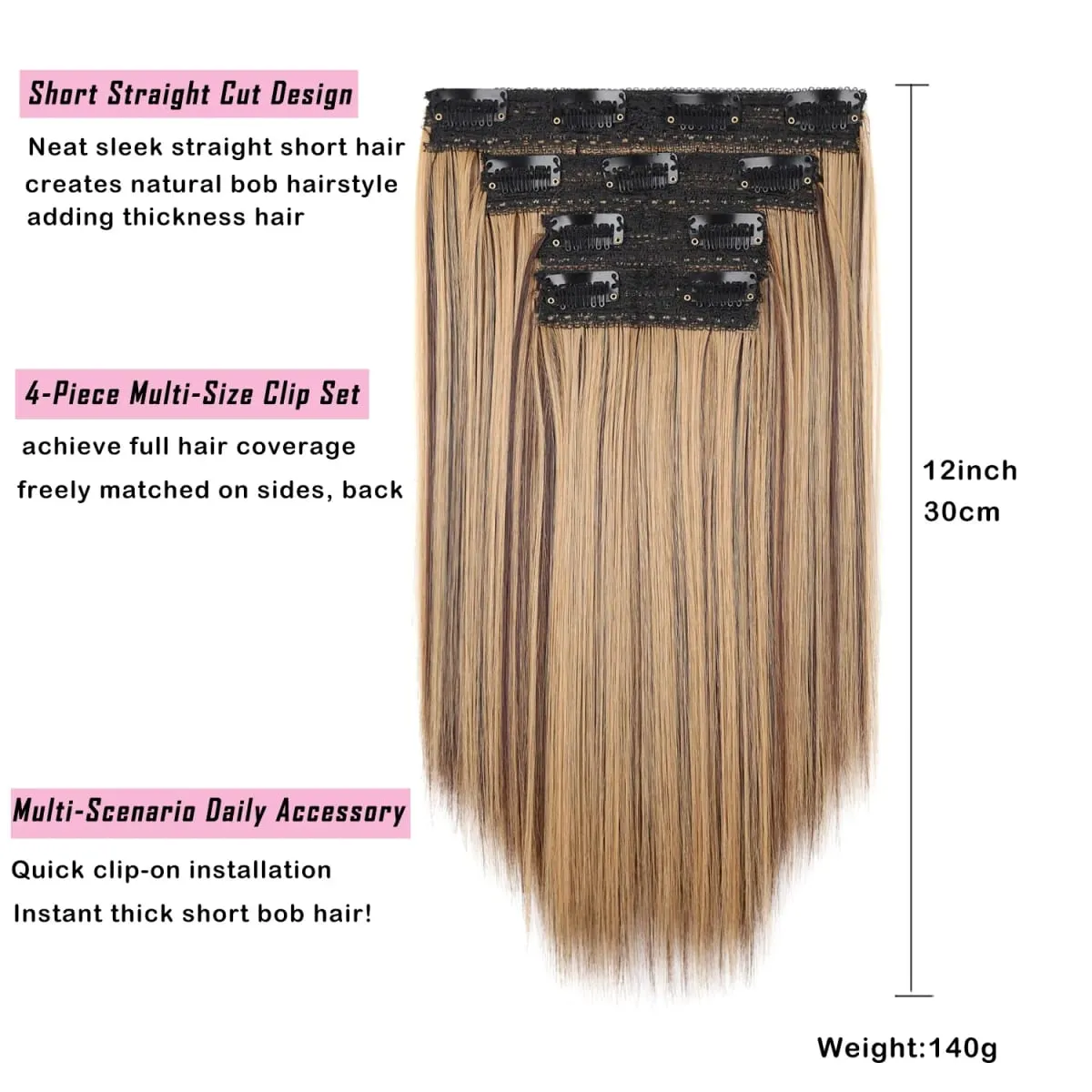 Clip In Hair Extensions 4Pcs/set Full Head 12 Inch Straight Short Synthetic Highlight Hair Extensions For Women Daily Use