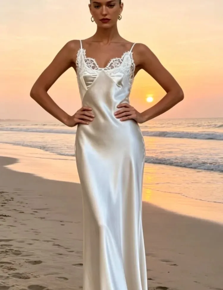 Lace Patchwork Sling Women's Dress Sexy Solid V-neck Sleeveless Backless Stain Female Maxi Dress 2026 Elegant Summer Party Gowns — image 5