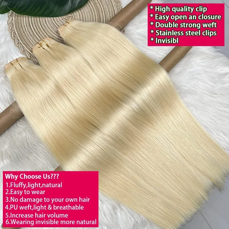 Straight #613 Blonde Color Invisible Clip in Hair Extensions PU Seamless Double Weft Clip Ins 100% Raw Virgin Human Hair 100g — image 5