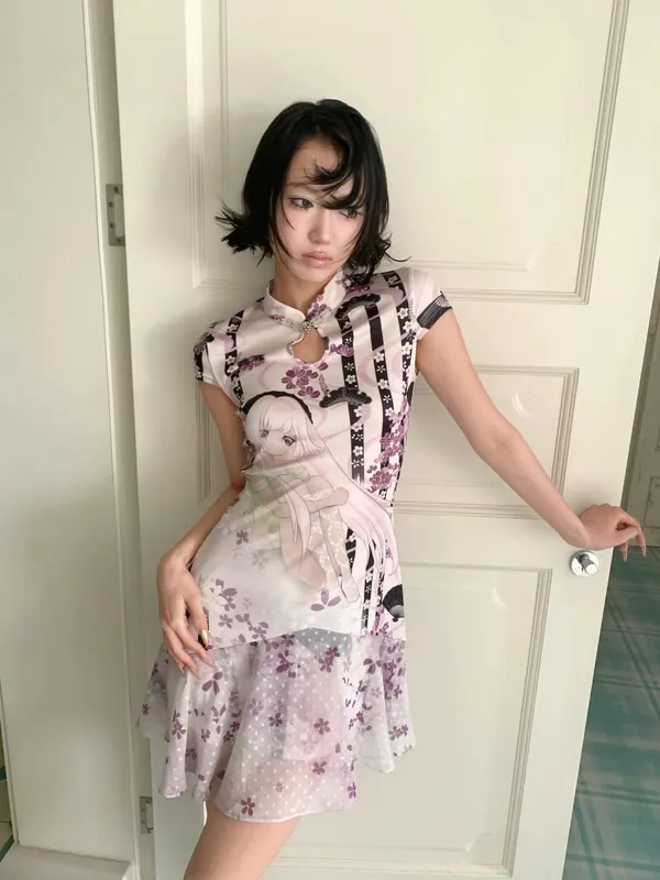 European American trendy sweet cool girl cropped cheongsam dress anime flower print chinese stand collar frog button slim casua